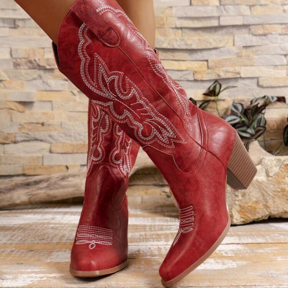 Women's Western Style Embroidered Mid-Calf Boots With Pointed Toe, Chunky Heel - Picture 3 of 5